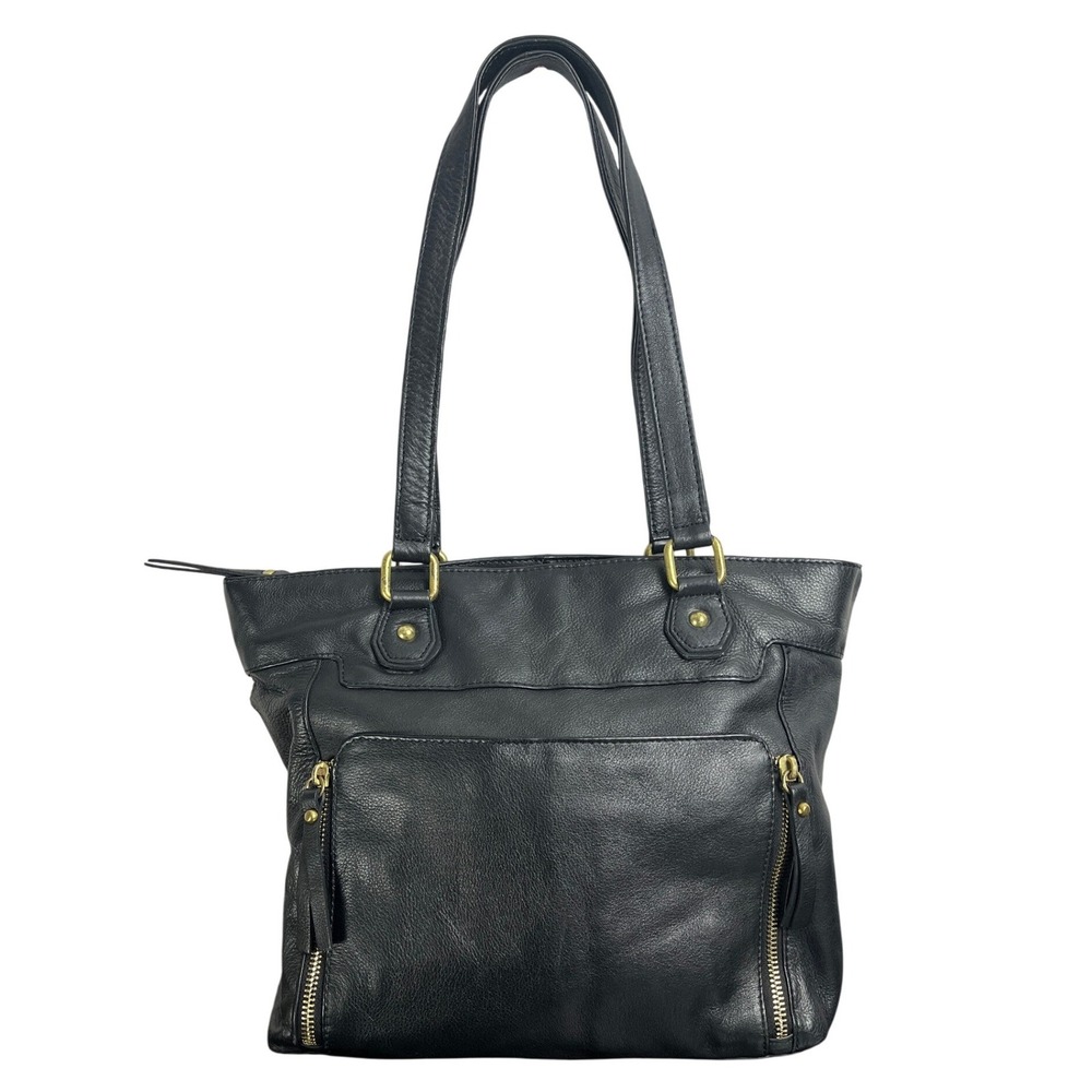 Great American Leather Works Black Leather Tote Shoulder Bag Brass Hardware